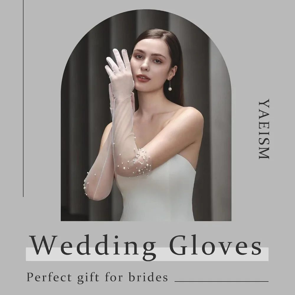 Women's Off-White Tulle Pearl Long Sleeves Gloves Bridal Party Prom Costumes
